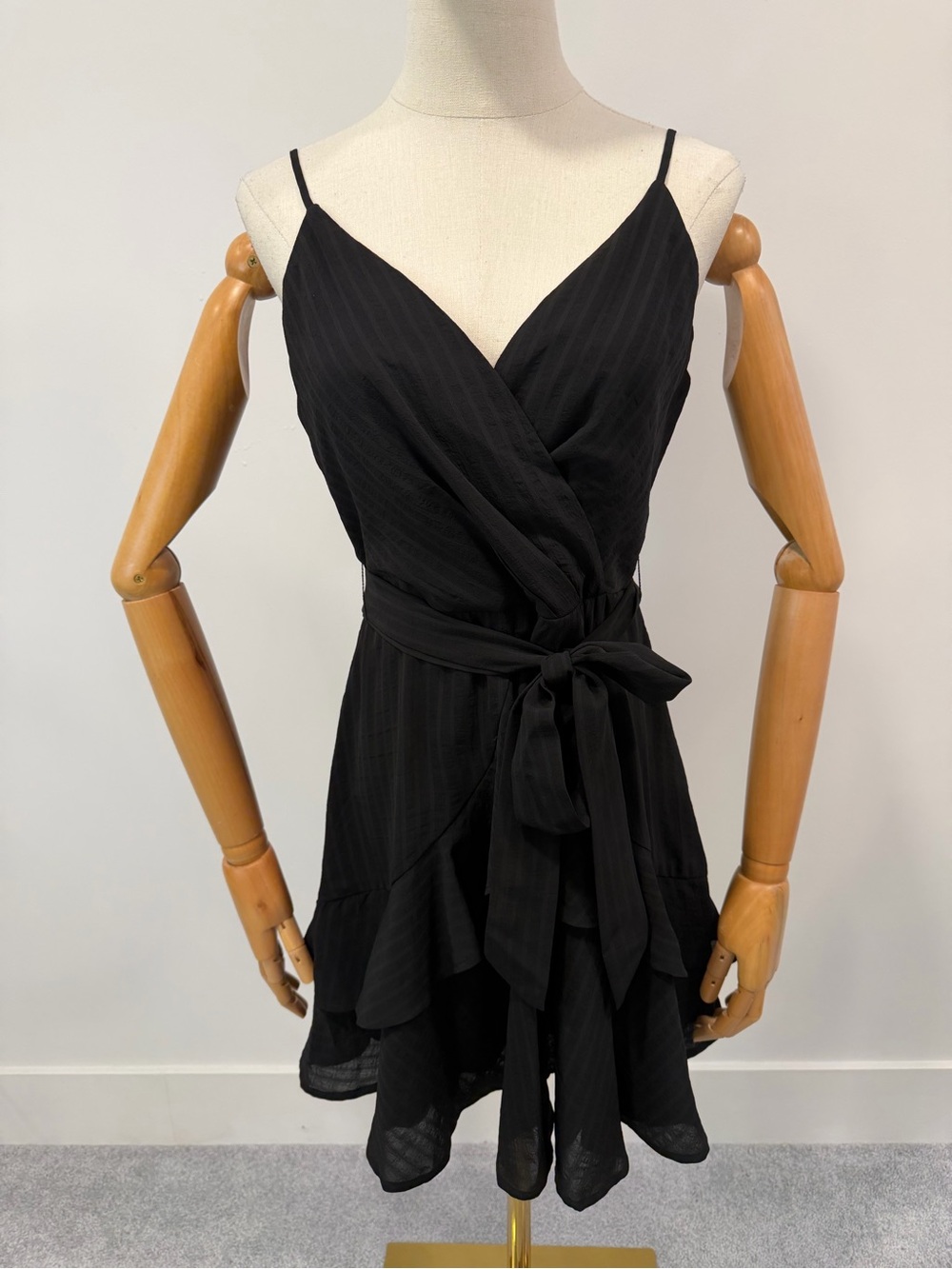Altar'd State Black Spaghetti-Strap Wrap Dress with Ruffle Hem
